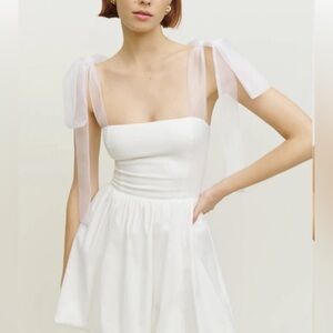 Reformation Enza White Cotton Mini Dress Bubble Hem Tie Shoulder Size 0